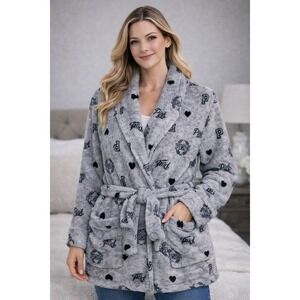 PINK‎ Victoria's Secret Gray Plush Fleece Heart Logo Robe XS/S Y2K